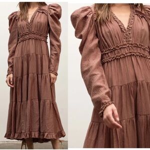 Moon River Puff Sleeve Ruffle-Trim Tiered Midi Dress